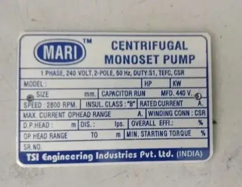 Pump Nameplates detail view 3